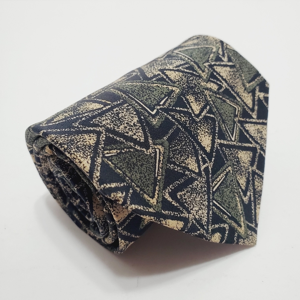Oscar de la Renta Green & Beige Geometric Pattern Men's American Silk Necktie